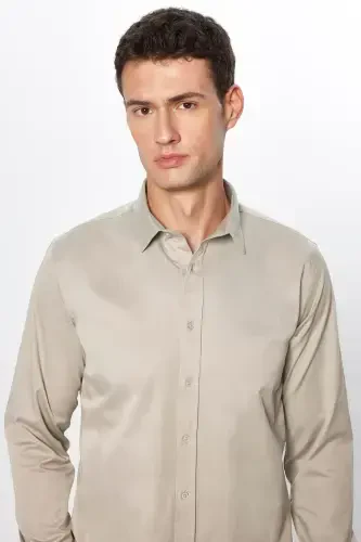 Мужская рубашка с длинным рукавом из хлопкового сатина, Slim Fit, узкий крой, цвет камня - 1