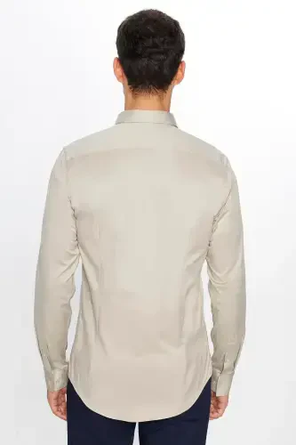 Мужская рубашка с длинным рукавом из хлопкового сатина, Slim Fit, узкий крой, цвет камня - 5