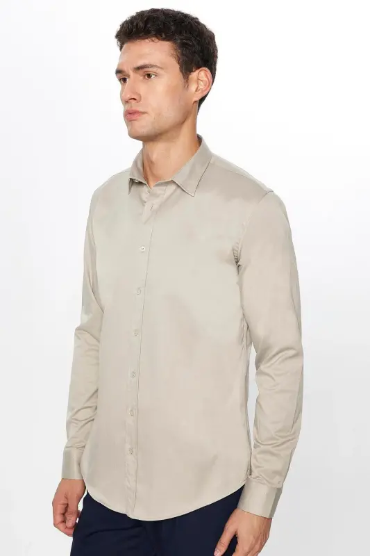 Мужская рубашка с длинным рукавом из хлопкового сатина, Slim Fit, узкий крой, цвет камня - 3
