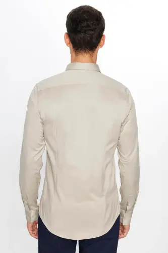 Мужская рубашка с длинным рукавом из хлопкового сатина, Slim Fit, узкий крой, цвет камня - 5