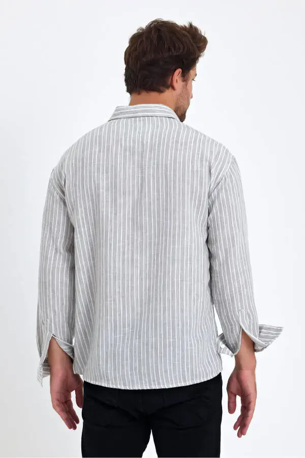 Мужская рубашка с длинным рукавом классического кроя с обычной посадкой из 100% хлопка с фактурой льна, с отворотами на рукавах в полоску - 5