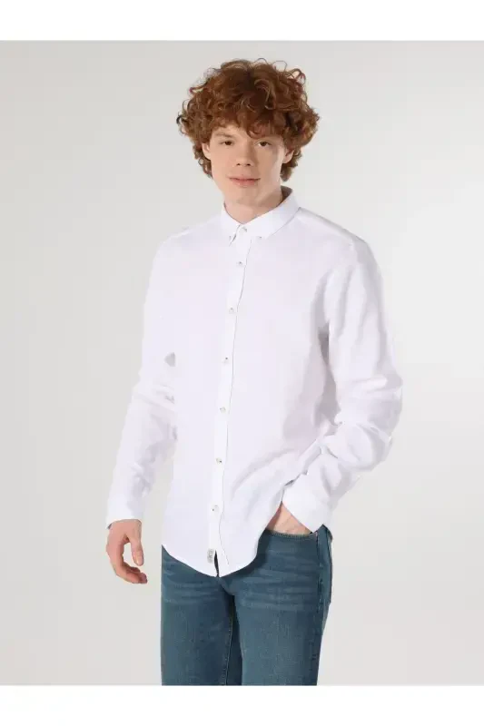 Мужская рубашка с длинным рукавом Slim Fit, белая, однотонная - 4