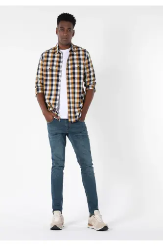 Мужская рубашка с длинным рукавом, Slim Fit, желтая в клетку. - 1