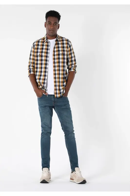 Мужская рубашка с длинным рукавом, Slim Fit, желтая в клетку. - 1