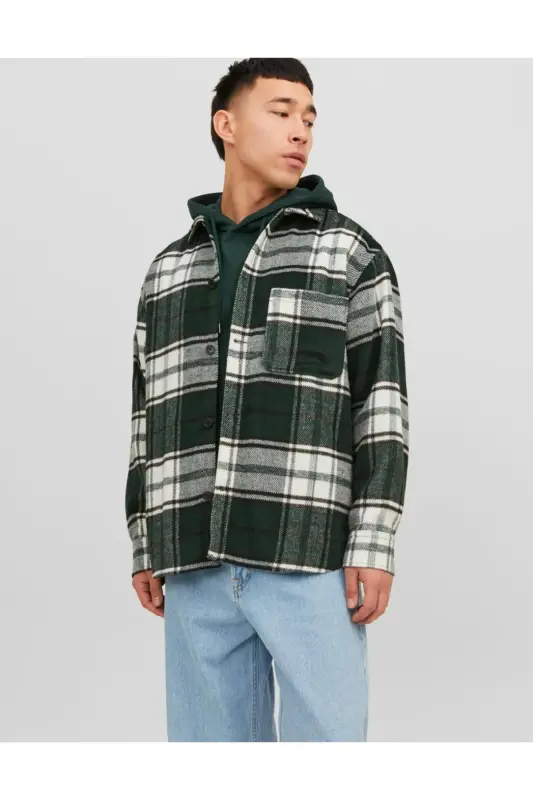Мужская рубашка с длинным рукавом в клетку - 12239303-Зеленый - JACK & JONES