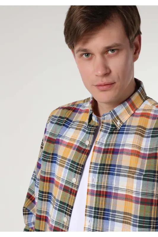 Мужская рубашка с длинным рукавом, в клетку, разноцветная, regular fit. - 5