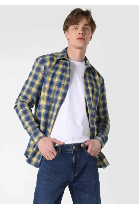 Мужская рубашка с длинным рукавом в клетку, синего цвета, Slim Fit - COLIN'S