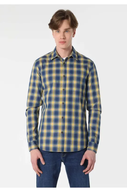 Мужская рубашка с длинным рукавом в клетку, синего цвета, Slim Fit - 4