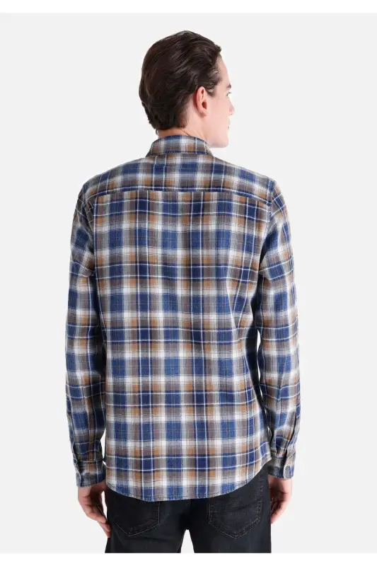 Мужская рубашка с длинным рукавом в клетку, синяя, Slim Fit - 2