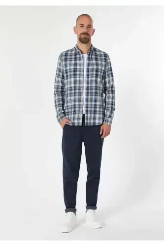 Мужская рубашка с длинным рукавом в клетку Slim Fit синего цвета - 4