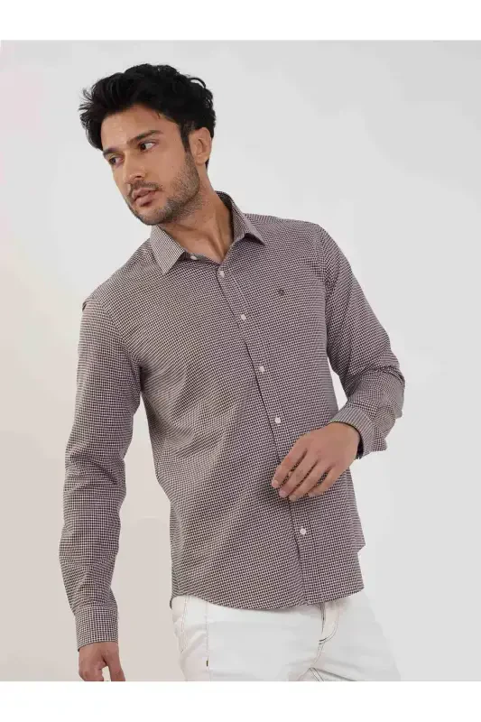 Мужская рубашка с длинным рукавом в коричневую клетку Slim Fit с воротником Брент - 101854 - 3