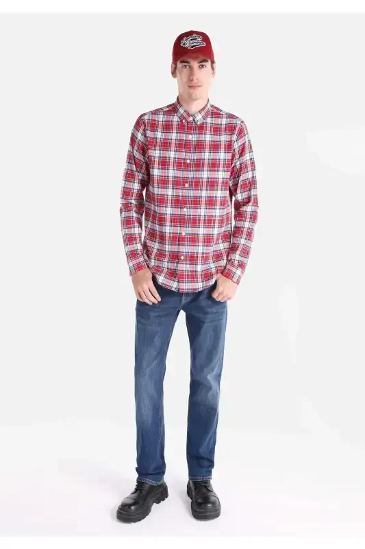 Мужская рубашка с длинным рукавом в красную клетку Slim Fit - 3