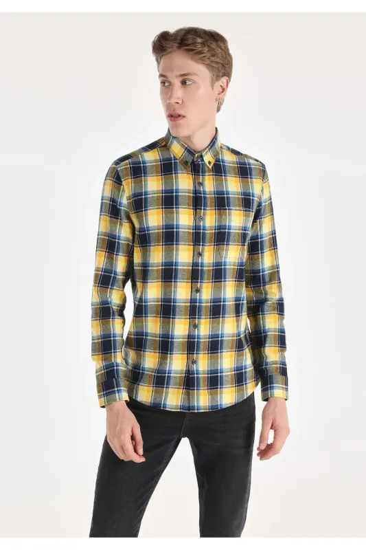 Мужская рубашка с длинным рукавом в синюю клетку Slim Fit - COLIN'S