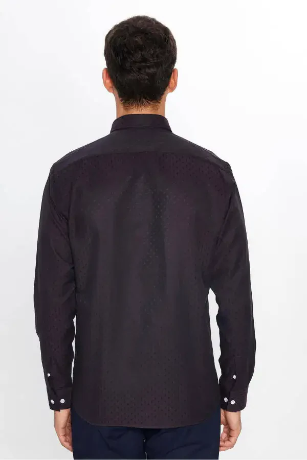 Мужская рубашка с классической посадкой, обычного кроя, с длинным рукавом, хлопковая, легкая в глажке, с армированными деталями, бордовая, с пуговицами, воротник-стойка - 4