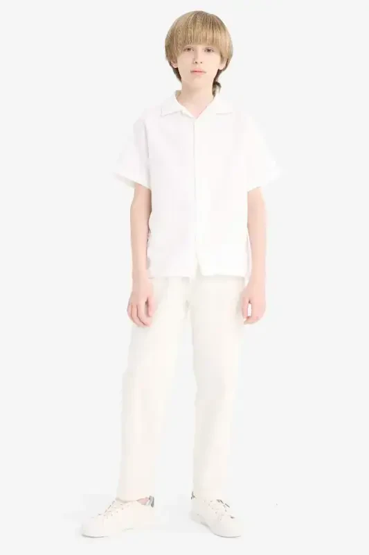 Мужская рубашка с коротким рукавом из муслина в стиле поло с оверсайз посадкой, белая - 5
