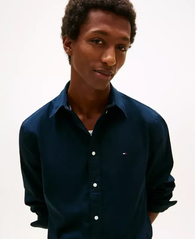 Мужская рубашка с пуговицами, обычной посадки, из эластичного поплина — Цвет: пустынное небо - 3