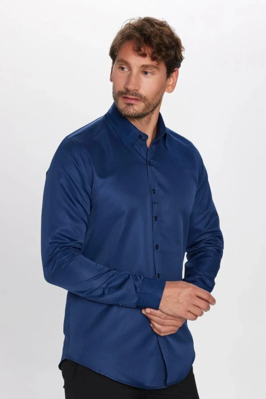 Мужская рубашка Slim Fit с длинным рукавом, легко гладится, влагоотводящая, дышащая, с текстурой, с галстуком, для всех сезонов, темно-синего цвета - TUDORS