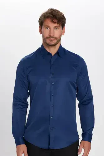 Мужская рубашка Slim Fit с длинным рукавом, легко гладится, влагоотводящая, дышащая, с текстурой, с галстуком, для всех сезонов, темно-синего цвета - 3