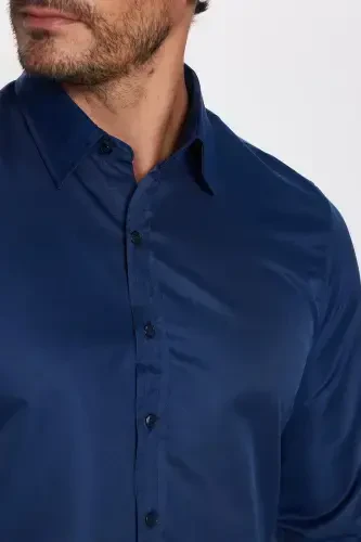 Мужская рубашка Slim Fit с длинным рукавом, легко гладится, влагоотводящая, дышащая, с текстурой, с галстуком, для всех сезонов, темно-синего цвета - 4