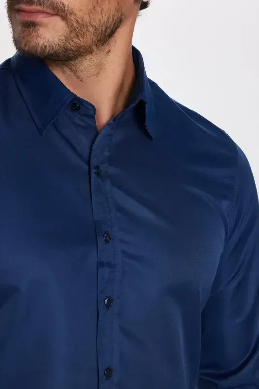 Мужская рубашка Slim Fit с длинным рукавом, легко гладится, влагоотводящая, дышащая, с текстурой, с галстуком, для всех сезонов, темно-синего цвета - 4