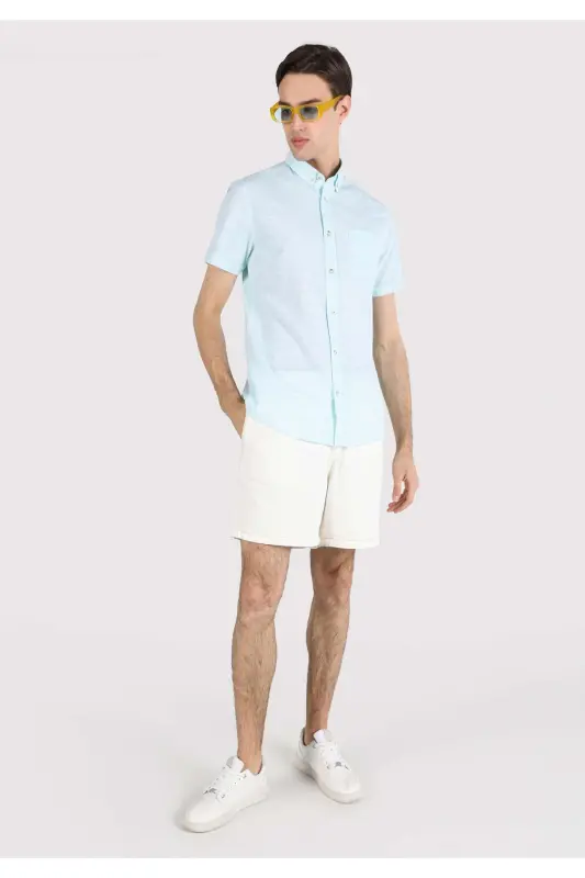 Мужская рубашка Slim Fit, с коротким рукавом, зеленого цвета, базовая. - 4