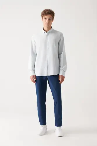 Мужская рубашка светло-голубого цвета с отложным воротником, комфортная посадка, 100% хлопок, текстура льна E002141 - 5