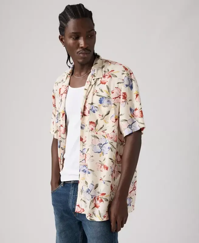 Мужская рубашка свободного кроя с воротником-стойкой — овсяный цвет - 2