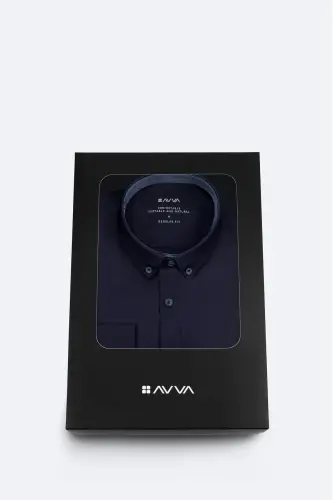 Мужская рубашка темно-синего цвета с отложным воротником, пуговицами, 100% хлопок, оксфорд, классический крой B002034 - 1