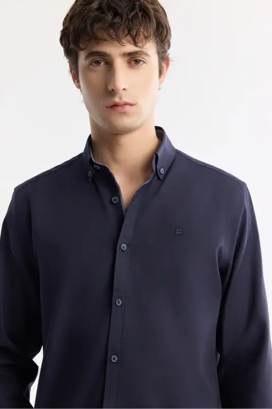 Мужская рубашка темно-синего цвета с отложным воротником, пуговицами, 100% хлопок, оксфорд, классический крой B002034 - 4