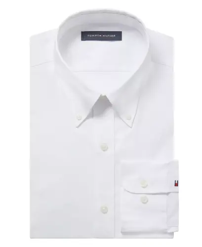 Мужская рубашка TH Flex Regular Fit Wrinkle Resistant Stretch Pinpoint Oxford Dress Shirt-White - 3