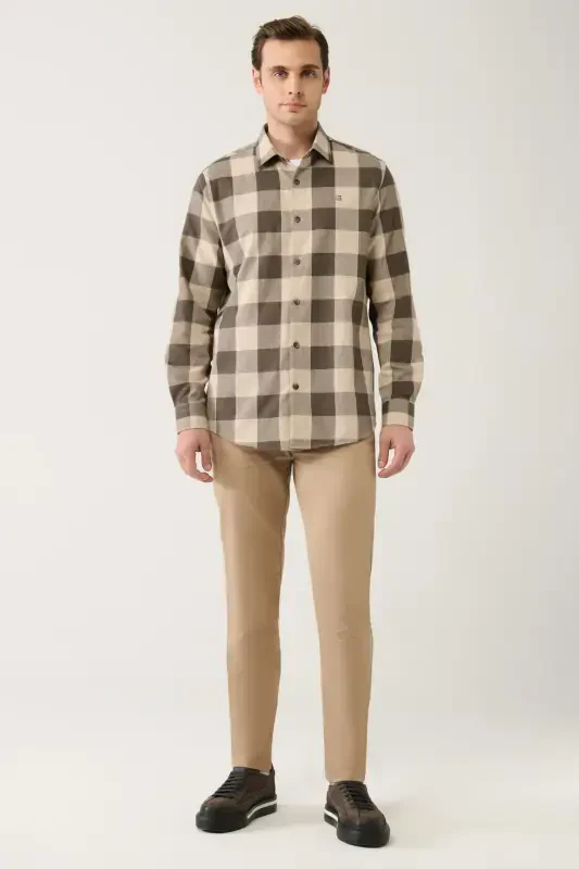 Мужская рубашка в клетку коричневого цвета с классическим воротником, легкогладящая фланель, комфортный крой A32y2105 - 5