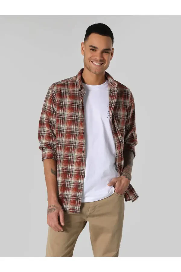 Мужская рубашка в клетку, разноцветная, с длинным рукавом, обычного кроя - 1