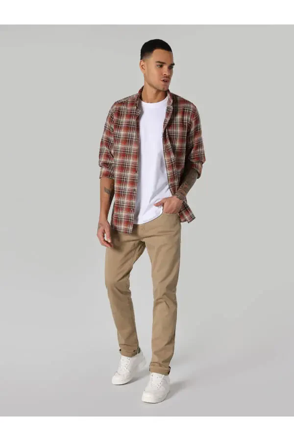 Мужская рубашка в клетку, разноцветная, с длинным рукавом, обычного кроя - 3