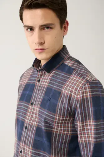 Мужская рубашка в клетку в стиле лесоруба сине-коричневая с пуговицами на воротнике, 100% хлопок, фланель A32y2059 - AVVA (1)