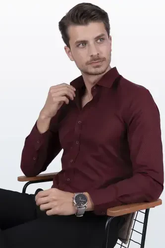 Мужская рубашка в тонкой полоску бордового цвета в подарочной коробке Slim Fit - 3