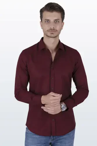 Мужская рубашка в тонкой полоску бордового цвета в подарочной коробке Slim Fit - 4