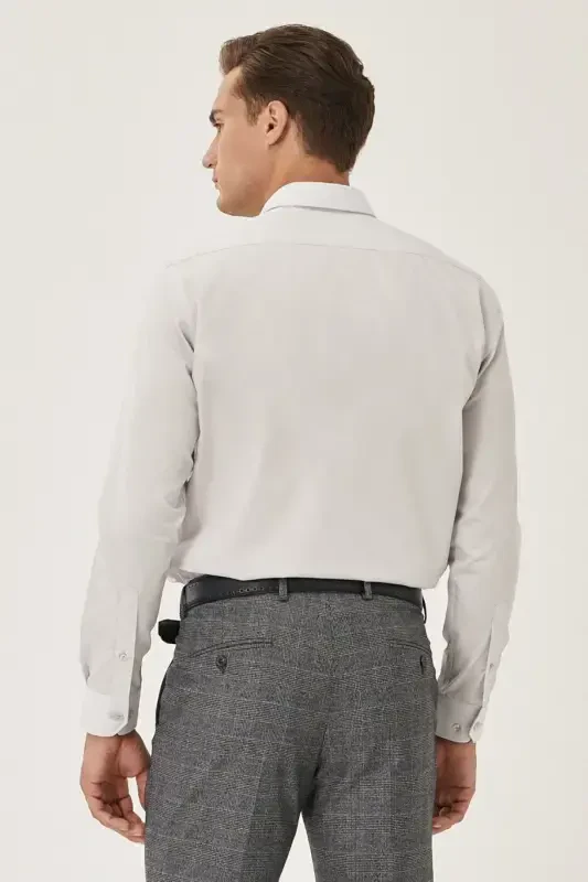 Мужская Серая Лёгкая Глажка Non-Iron Slim Fit Узкий Классический Воротник Хлопковая Рубашка-Серая - 4