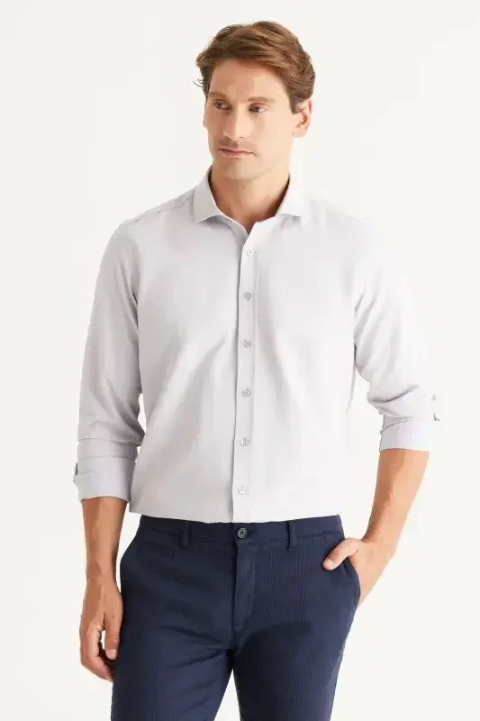 Мужская серая немнущаяся приталенная рубашка с итальянским воротником Slim Fit - 2