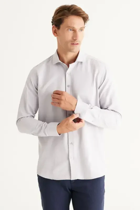 Мужская серая немнущаяся приталенная рубашка с итальянским воротником Slim Fit - 4