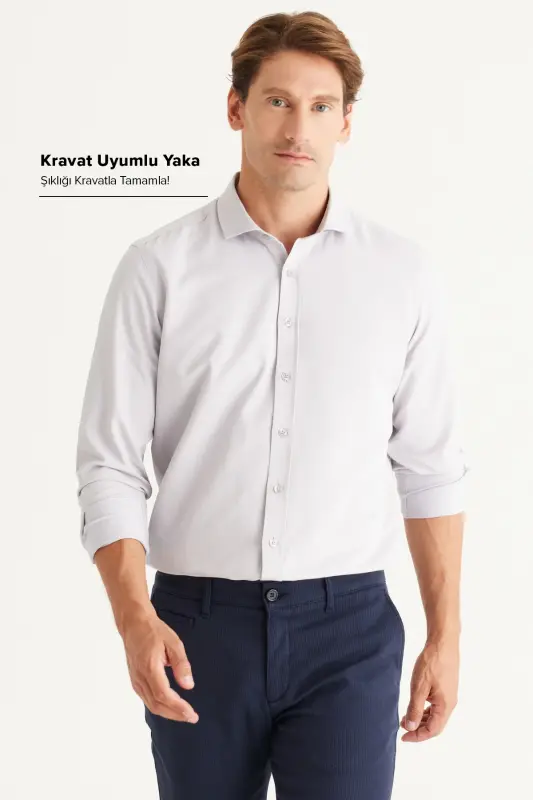 Мужская серая немнущаяся приталенная рубашка с итальянским воротником Slim Fit - 2