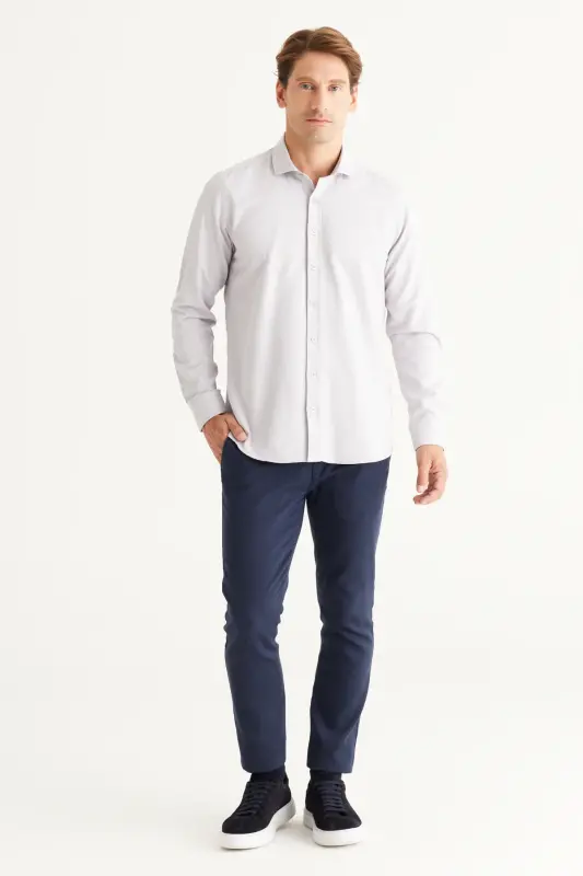 Мужская серая немнущаяся приталенная рубашка с итальянским воротником Slim Fit - 4