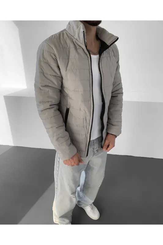 Мужская Серая Регулярная Водонепроницаемая Стеганая Куртка на Молнии с Внутренним Карманом - Серая - 1