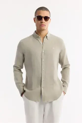 Мужская серая рубашка Comfort Fit из 100% льна с воротником на пуговицах B002191-Gri - 5