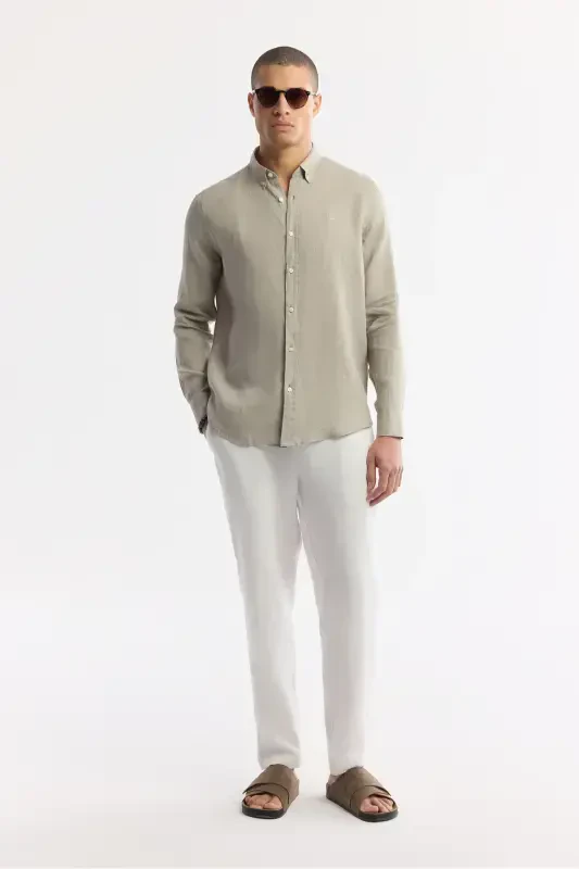 Мужская серая рубашка Comfort Fit из 100% льна с воротником на пуговицах B002191-Gri - 6