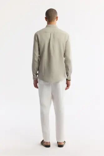 Мужская серая рубашка Comfort Fit из 100% льна с воротником на пуговицах B002191-Gri - 4