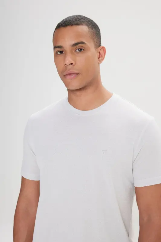 Мужская Серо-белая Легко Гладящаяся Slim Fit Узкий Крой Круглый Вырез Жаккардовая Футболка-Серая - 3