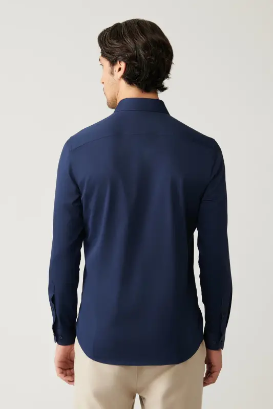 Мужская синяя атласная рубашка 100% хлопок Классический воротник Slim Fit B002002 - 4