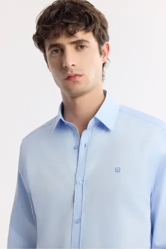 Мужская синяя рубашка с классическим воротником из 100% хлопкового сатина Slim Fit B002006 - 2