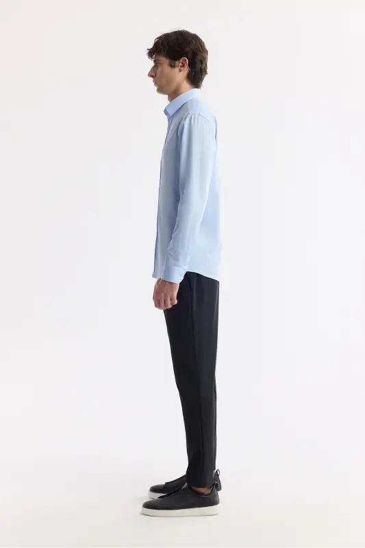 Мужская синяя рубашка с классическим воротником из 100% хлопкового сатина Slim Fit B002006 - 3