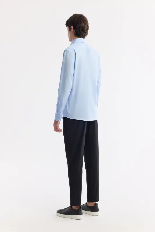 Мужская синяя рубашка с классическим воротником из 100% хлопкового сатина Slim Fit B002006 - 4
